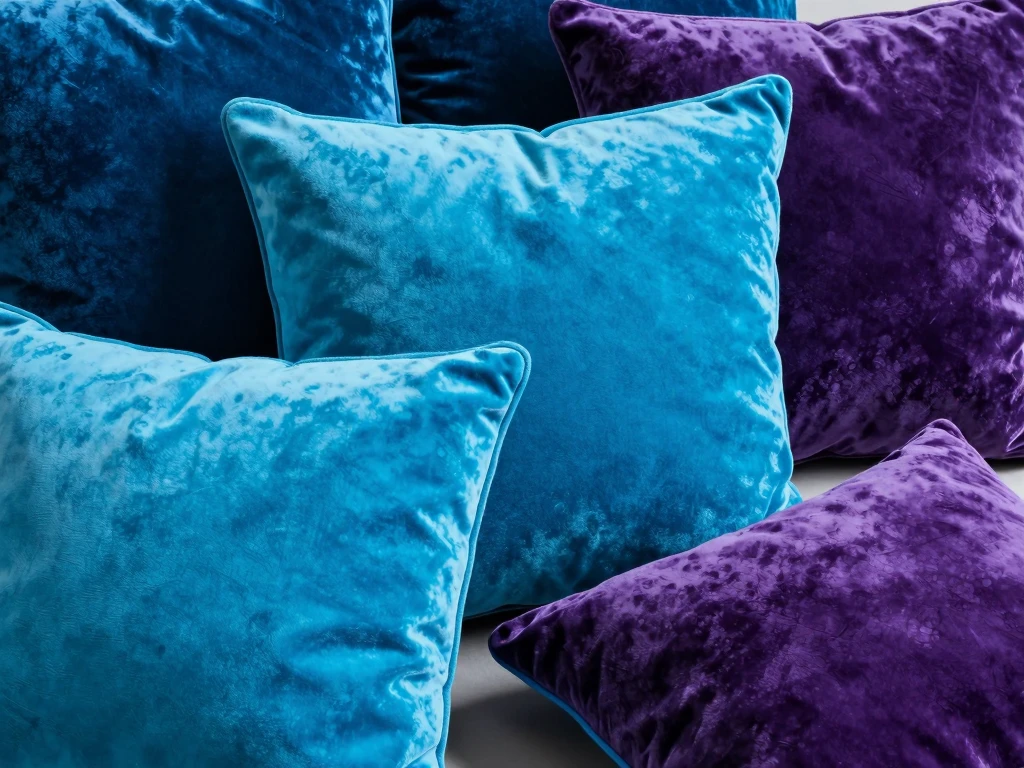Luxury velvet pillows in electric cyan and purple tones
